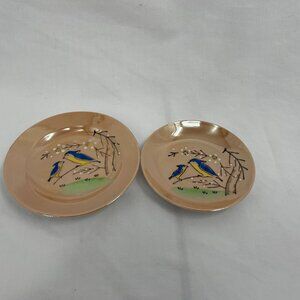 Vintage Japanese Ceramic Hand Painted Gold Plates of Two Blue Birds